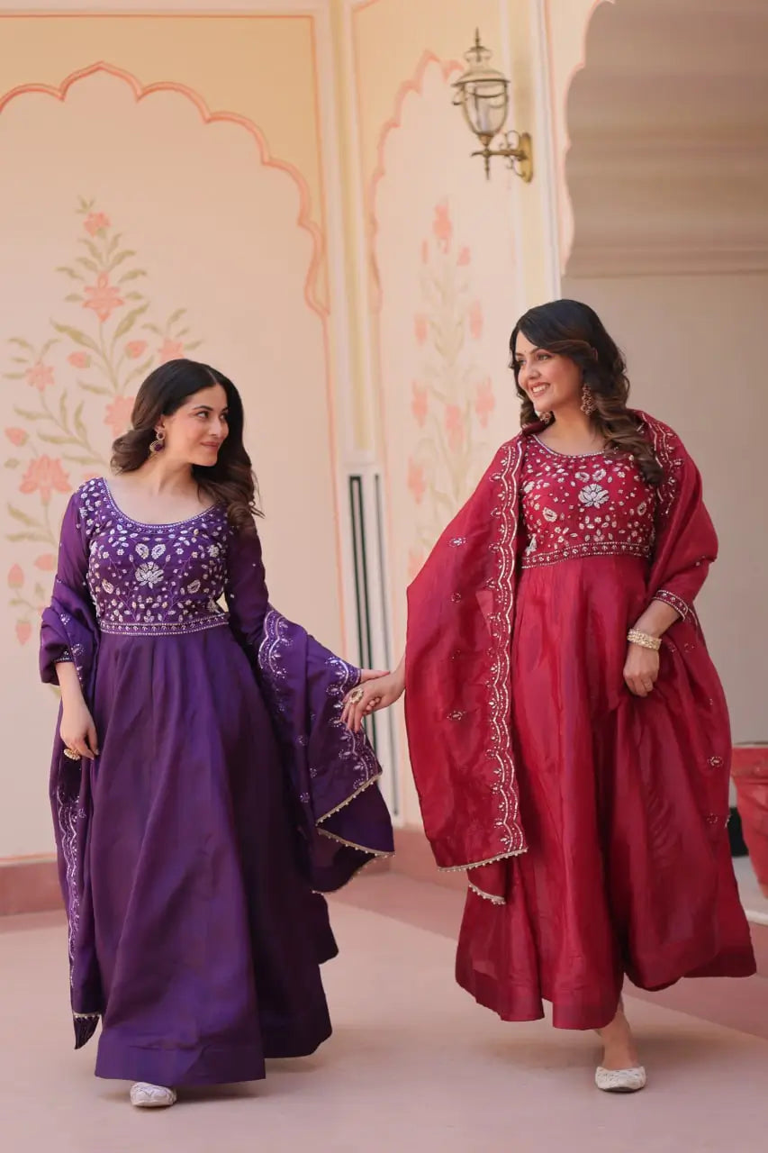Embroidered Gold Crush Anarkali Gown Set for Wedding and Festive Wear