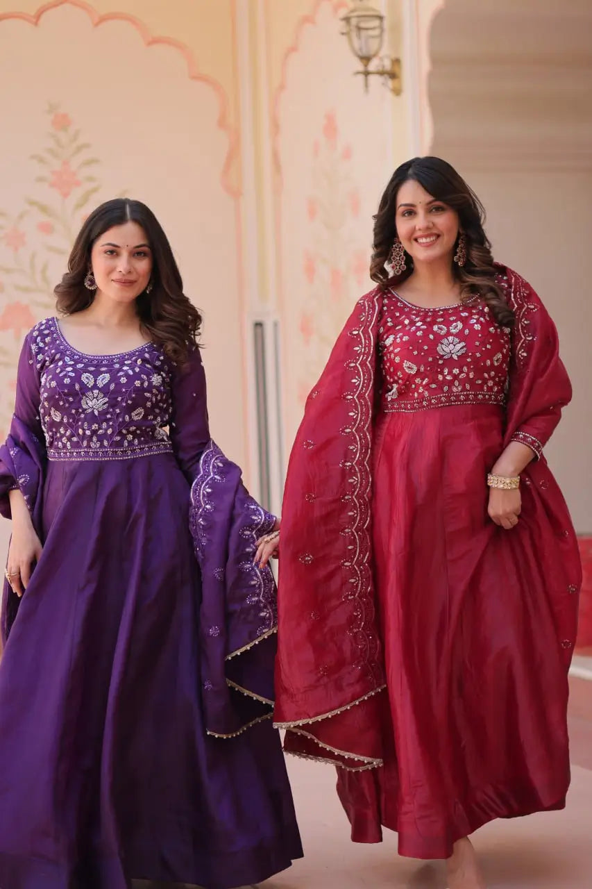 Embroidered Gold Crush Anarkali Gown Set for Wedding and Festive Wear