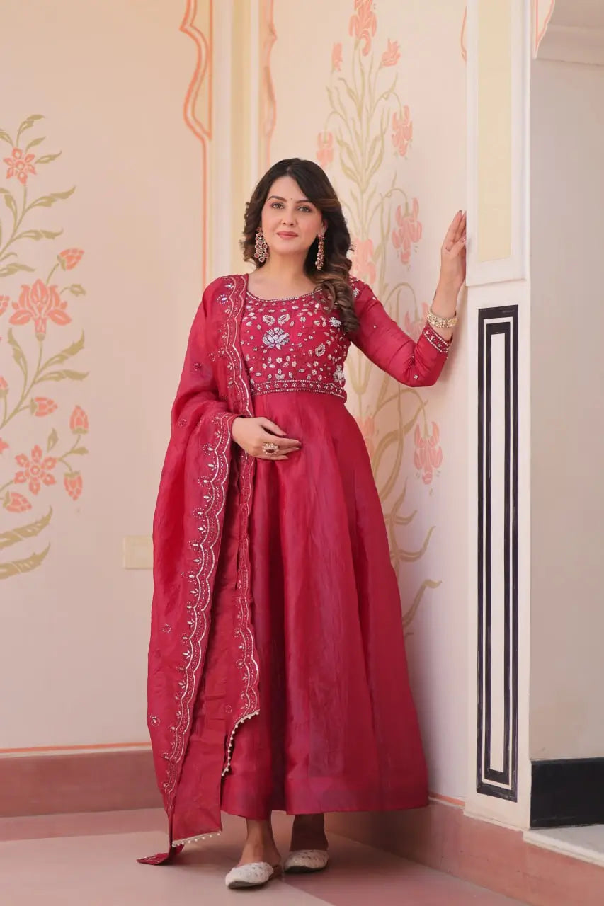 Embroidered Gold Crush Anarkali Gown Set for Wedding and Festive Wear