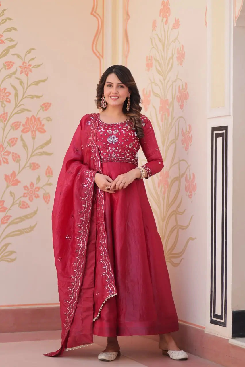 Embroidered Gold Crush Anarkali Gown Set for Wedding and Festive Wear