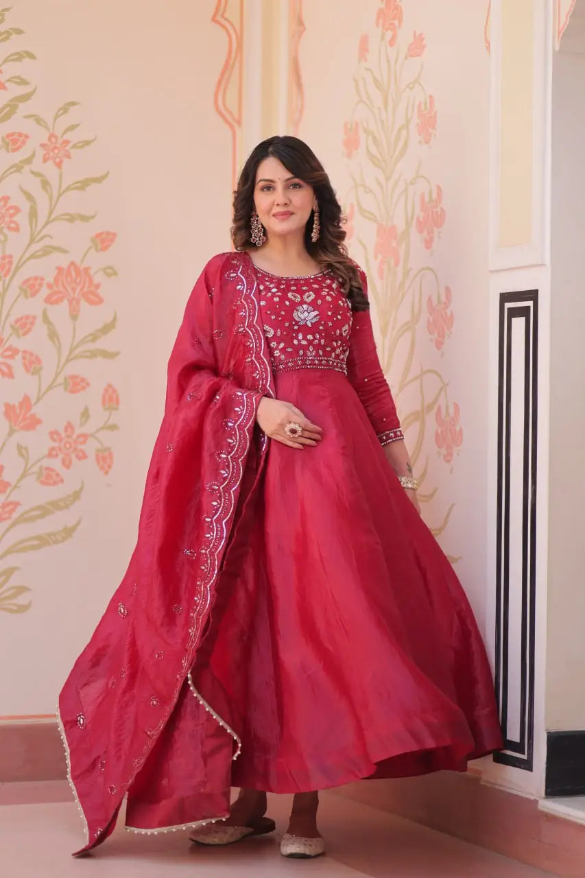Embroidered Gold Crush Anarkali Gown Set for Wedding and Festive Wear