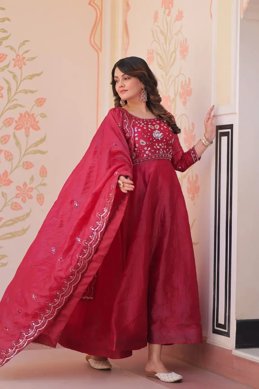 Embroidered Gold Crush Anarkali Gown Set for Wedding and Festive Wear