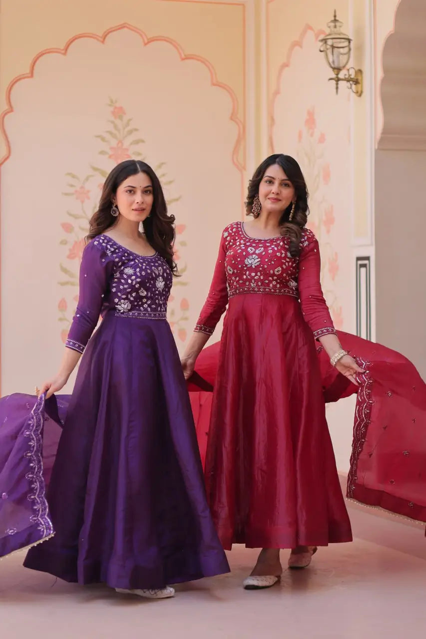 Embroidered Gold Crush Anarkali Gown Set for Wedding and Festive Wear