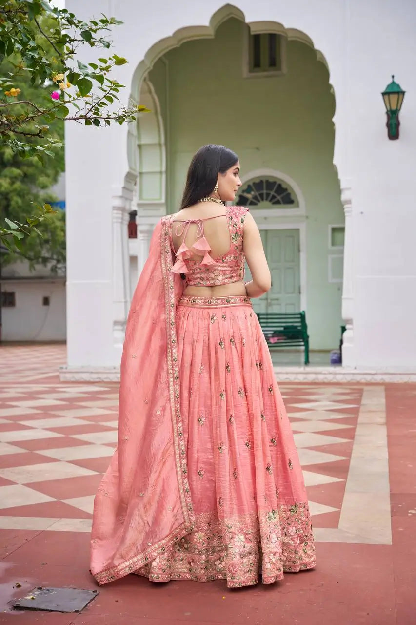 Embroidered Gold Crush Lehenga Choli Set with Dupatta