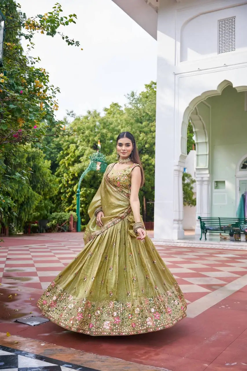 Embroidered Gold Crush Lehenga Choli Set with Dupatta