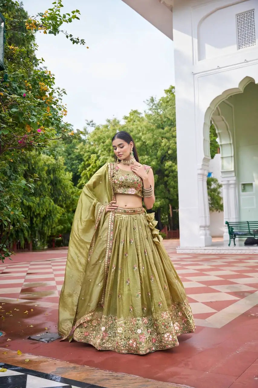Embroidered Gold Crush Lehenga Choli Set with Dupatta