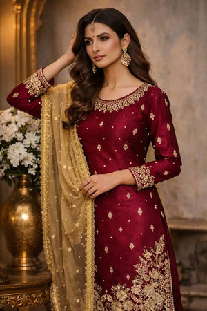 Embroidered JC Silk Kurta Palazzo Set with Dupatta