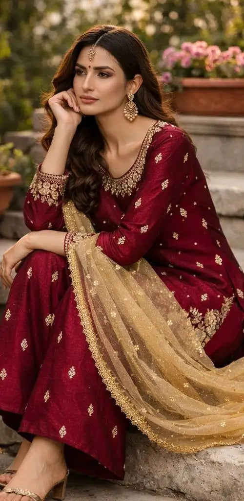 Embroidered JC Silk Kurta Palazzo Set with Dupatta