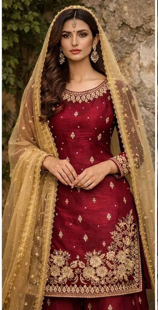 Embroidered JC Silk Kurta Palazzo Set with Dupatta