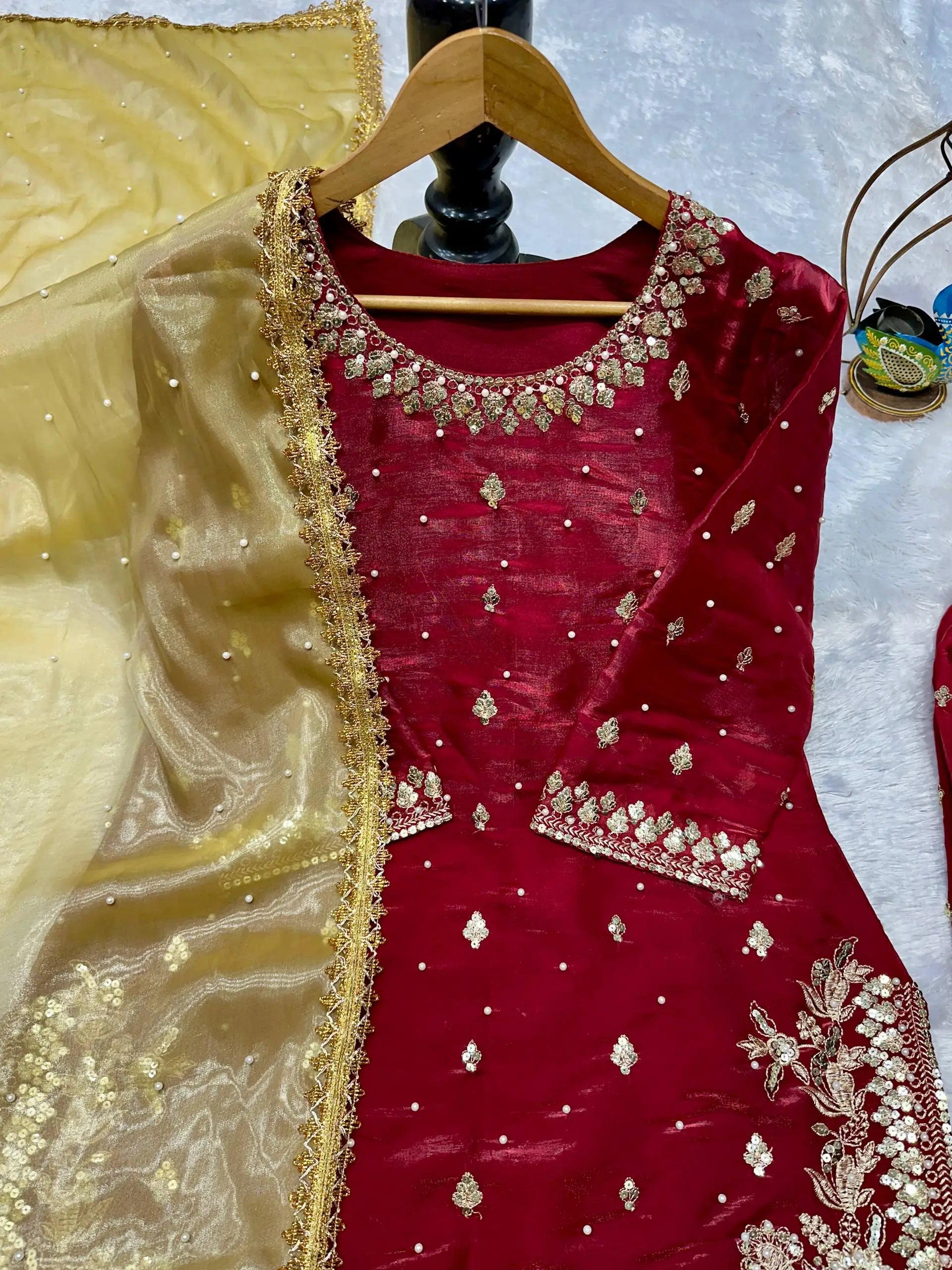 Embroidered JC Silk Kurta Palazzo Set with Dupatta