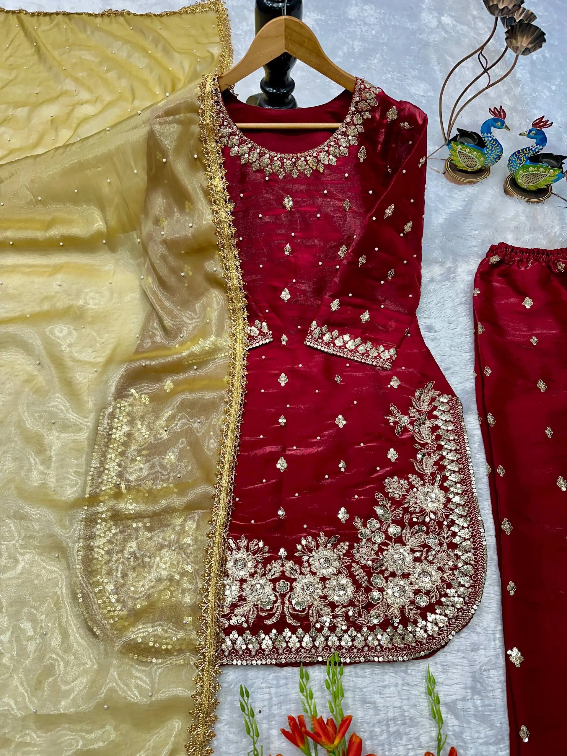 Embroidered JC Silk Kurta Palazzo Set with Dupatta