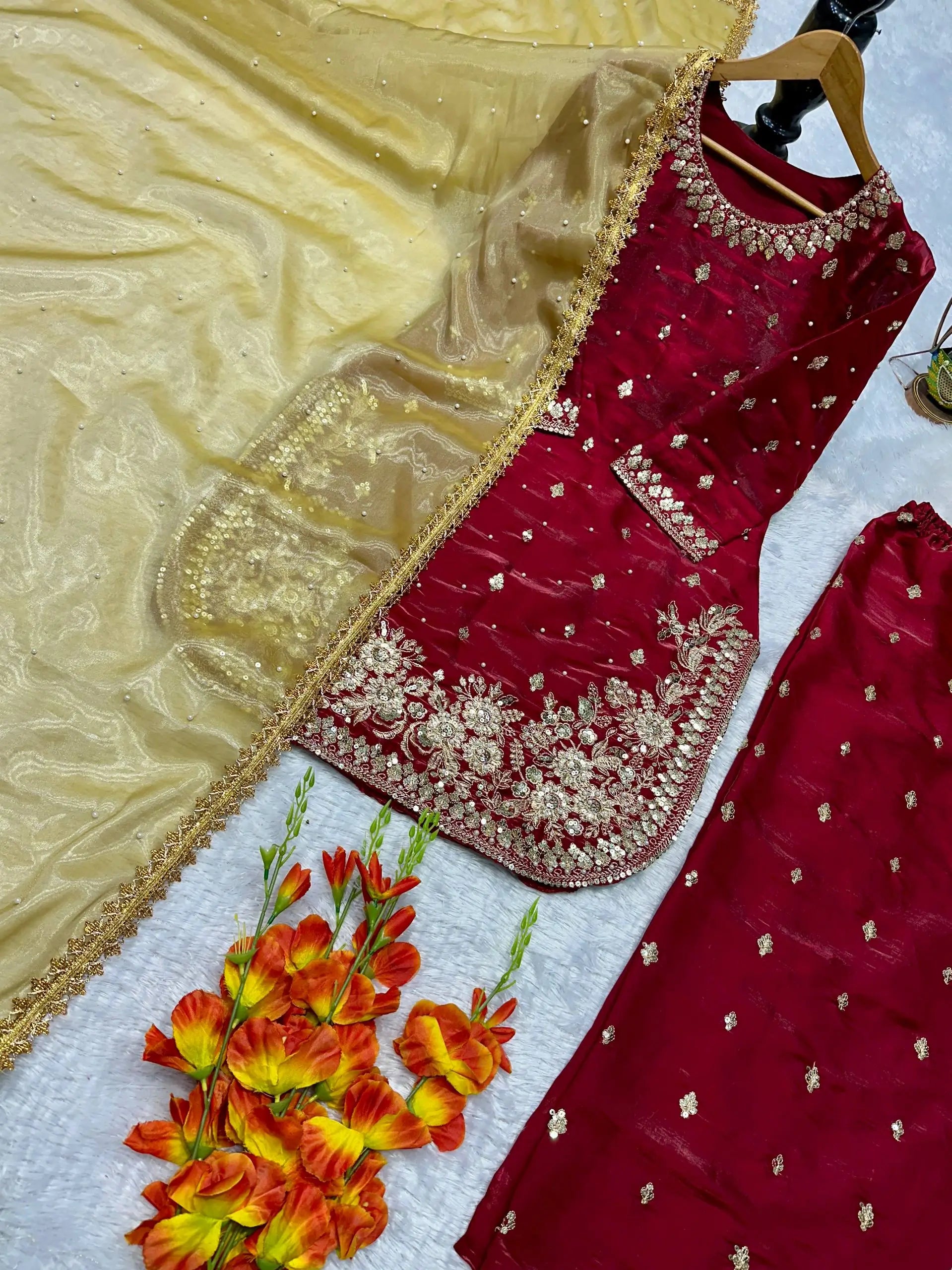 Embroidered JC Silk Kurta Palazzo Set with Dupatta