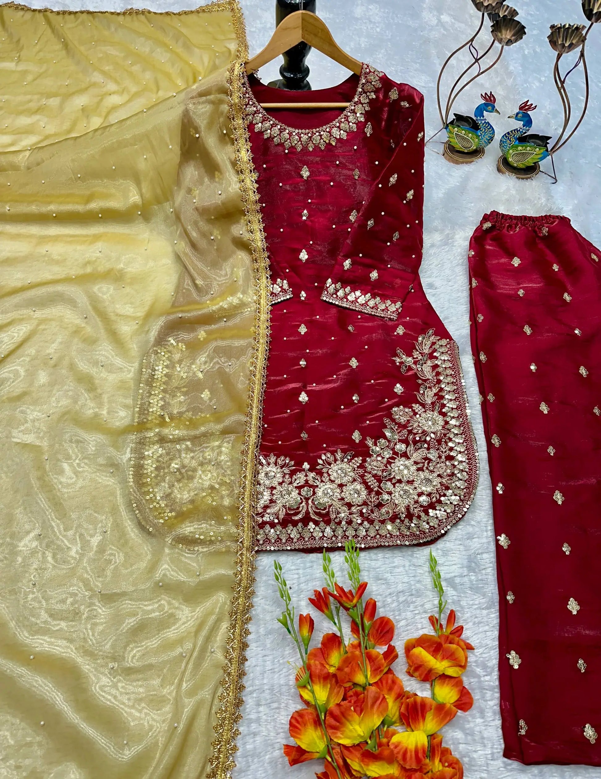 Embroidered JC Silk Kurta Palazzo Set with Dupatta