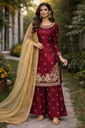 Embroidered JC Silk Kurta Palazzo Set with Dupatta
