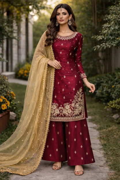 Embroidered JC Silk Kurta Palazzo Set with Dupatta