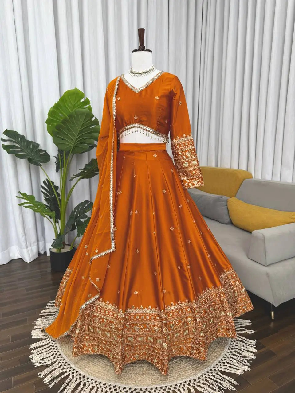 Embroidered Japan Satin Lehenga Choli Set for Wedding and Festive Wear