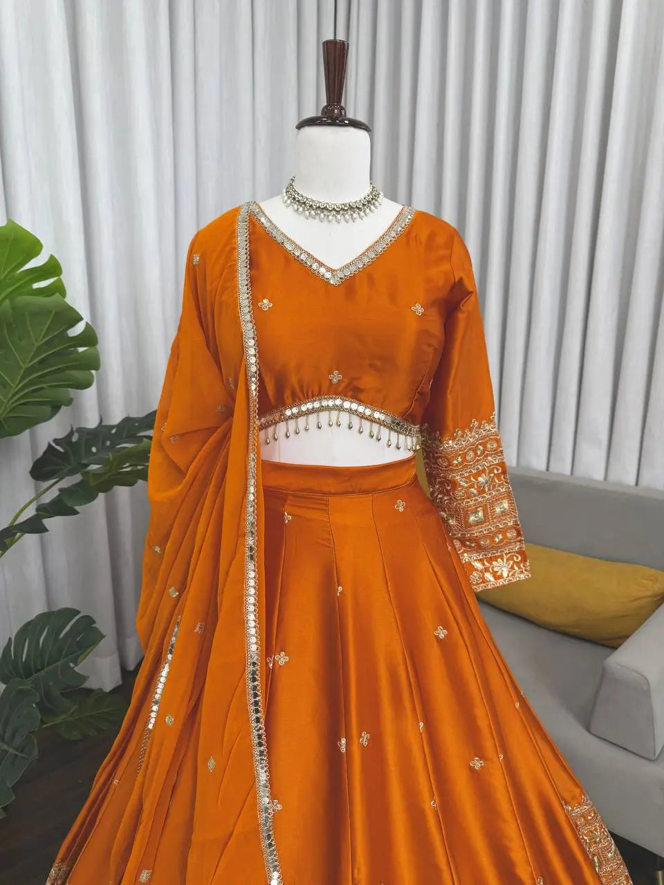 Embroidered Japan Satin Lehenga Choli Set for Wedding and Festive Wear