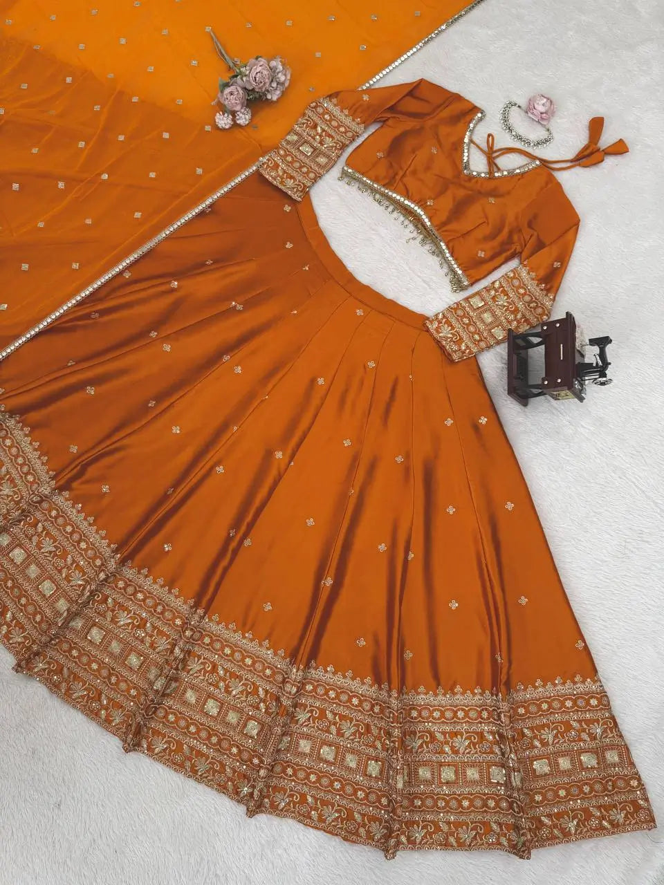 Embroidered Japan Satin Lehenga Choli Set for Wedding and Festive Wear