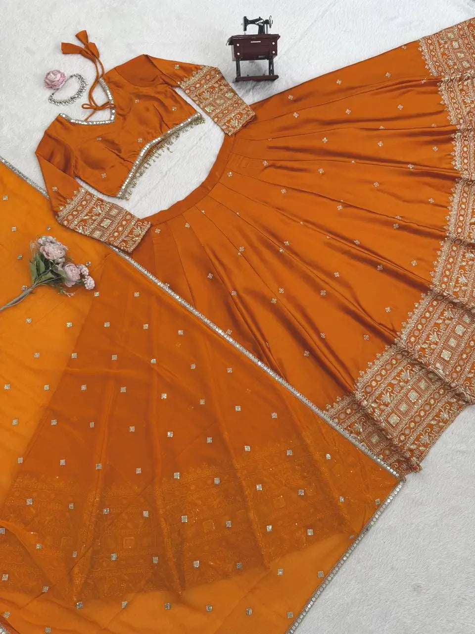 Embroidered Japan Satin Lehenga Choli Set for Wedding and Festive Wear