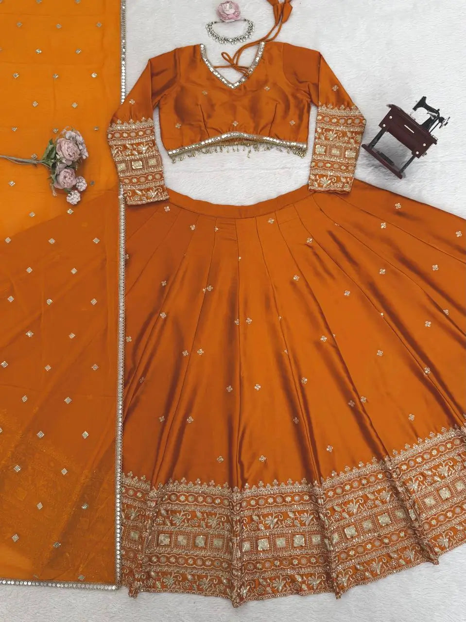 Embroidered Japan Satin Lehenga Choli Set for Wedding and Festive Wear