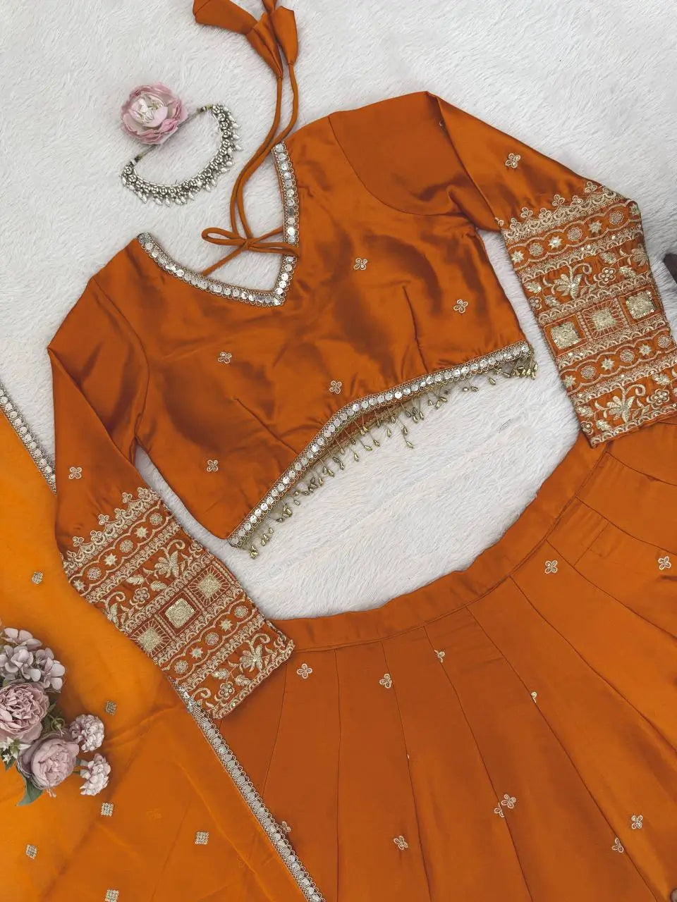 Embroidered Japan Satin Lehenga Choli Set for Wedding and Festive Wear