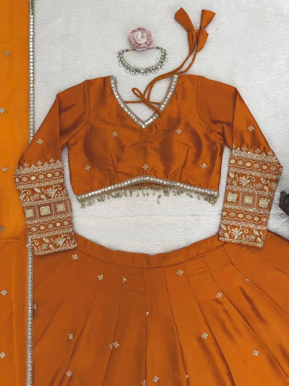 Embroidered Japan Satin Lehenga Choli Set for Wedding and Festive Wear
