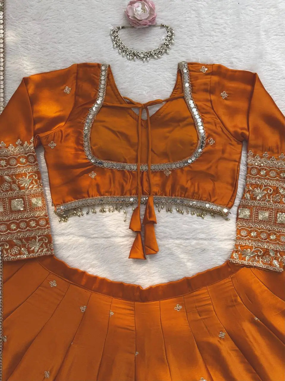 Embroidered Japan Satin Lehenga Choli Set for Wedding and Festive Wear