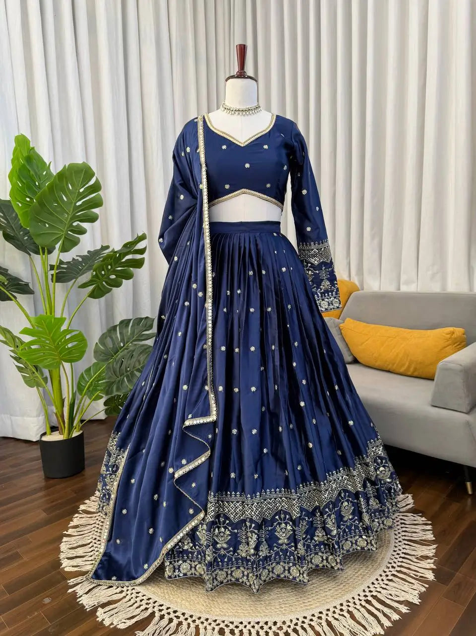 Embroidered Japan Satin Lehenga Choli Set for Wedding and Festive Wear