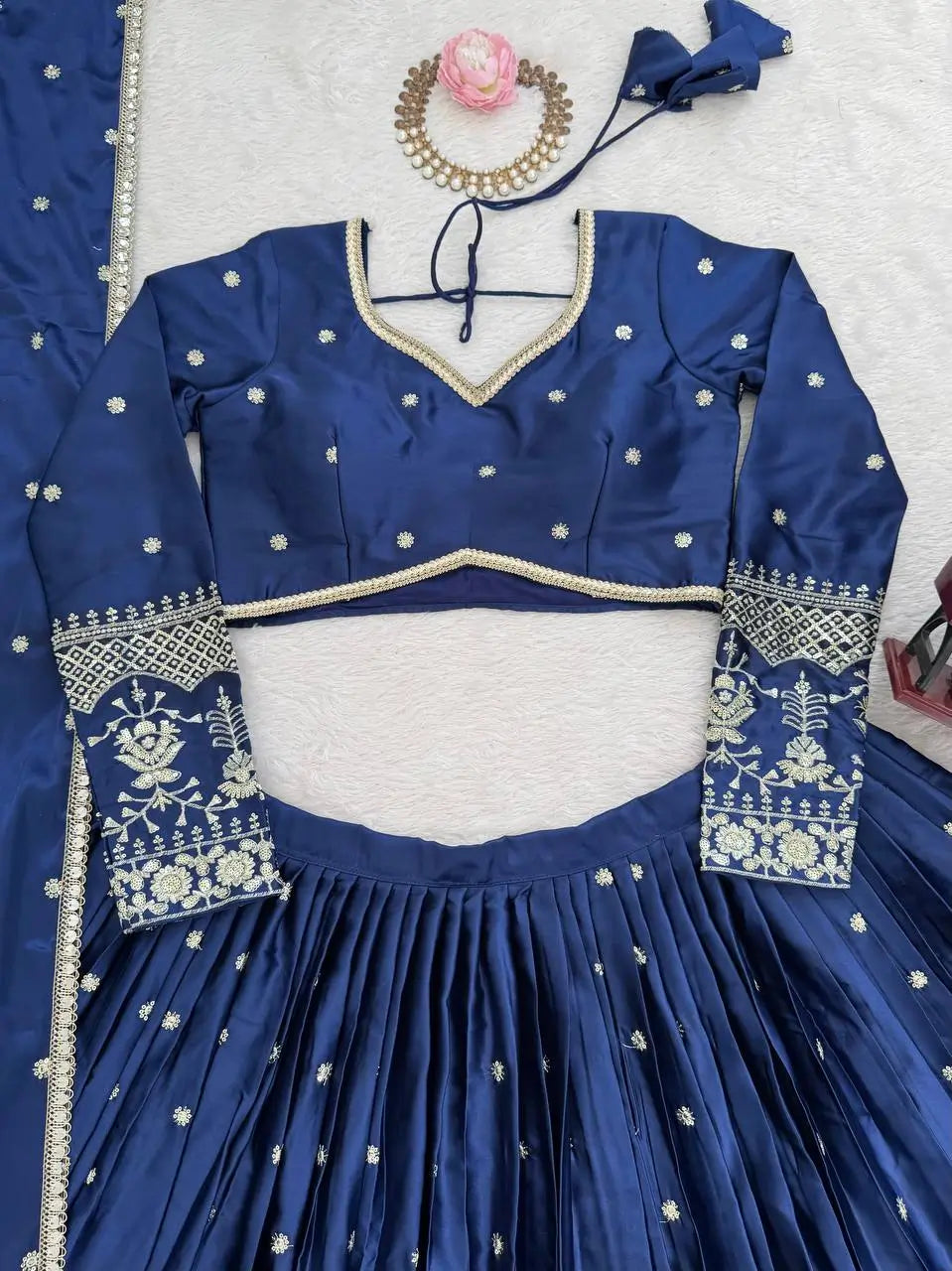Embroidered Japan Satin Lehenga Choli Set for Wedding and Festive Wear