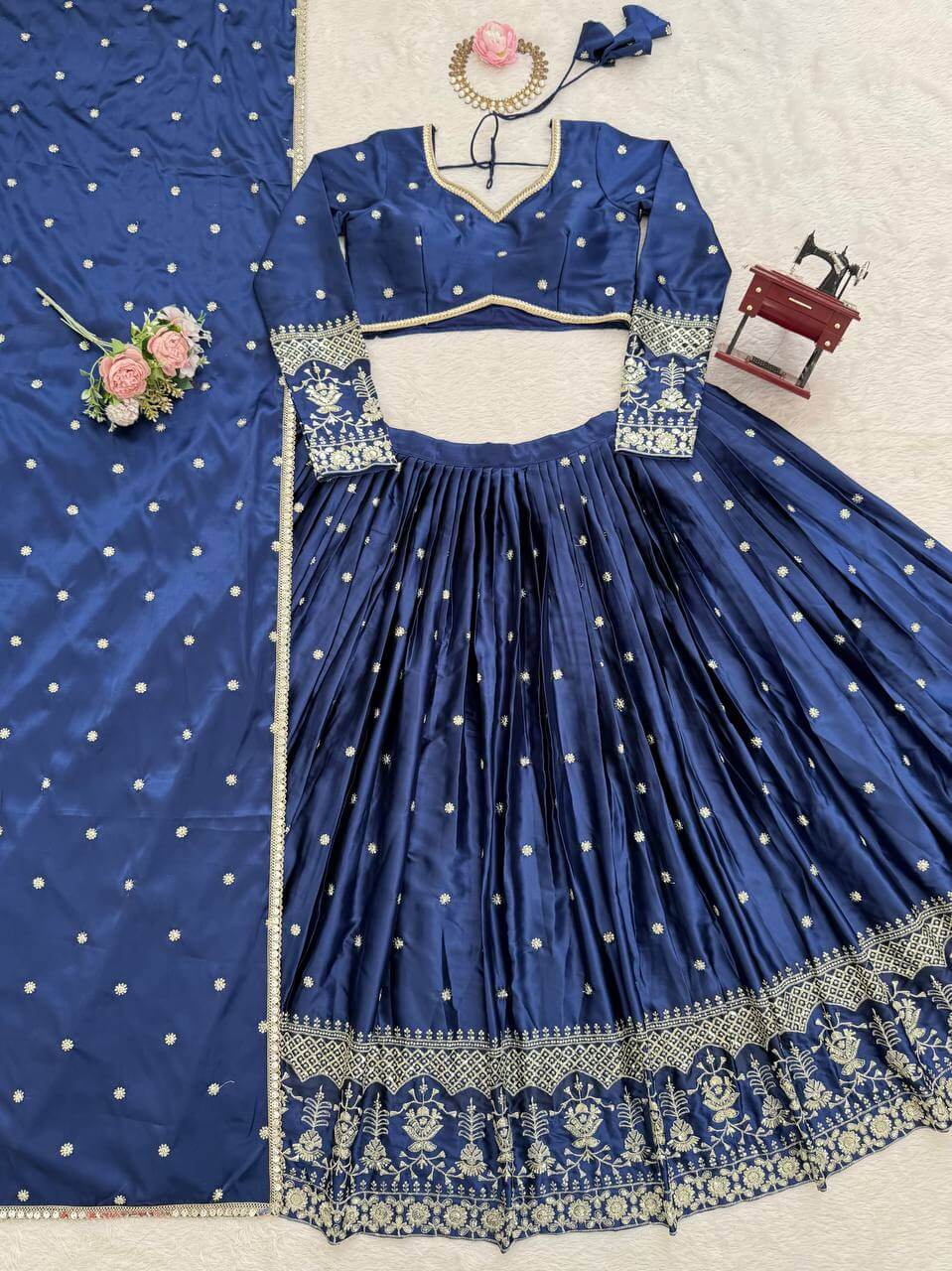 Embroidered Japan Satin Lehenga Choli Set for Wedding and Festive Wear
