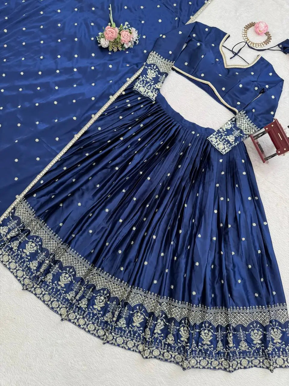 Embroidered Japan Satin Lehenga Choli Set for Wedding and Festive Wear