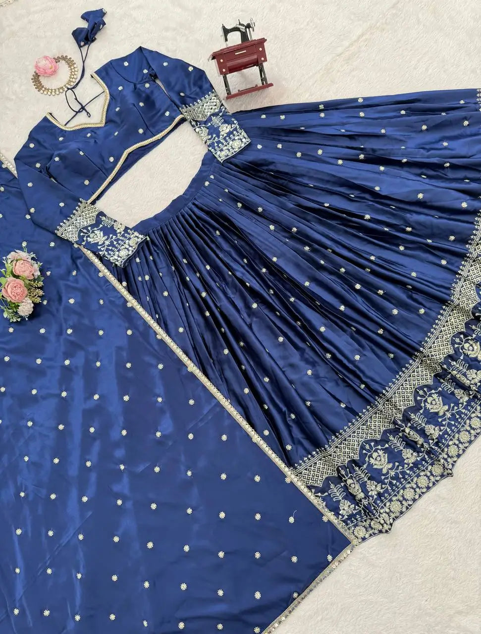 Embroidered Japan Satin Lehenga Choli Set for Wedding and Festive Wear
