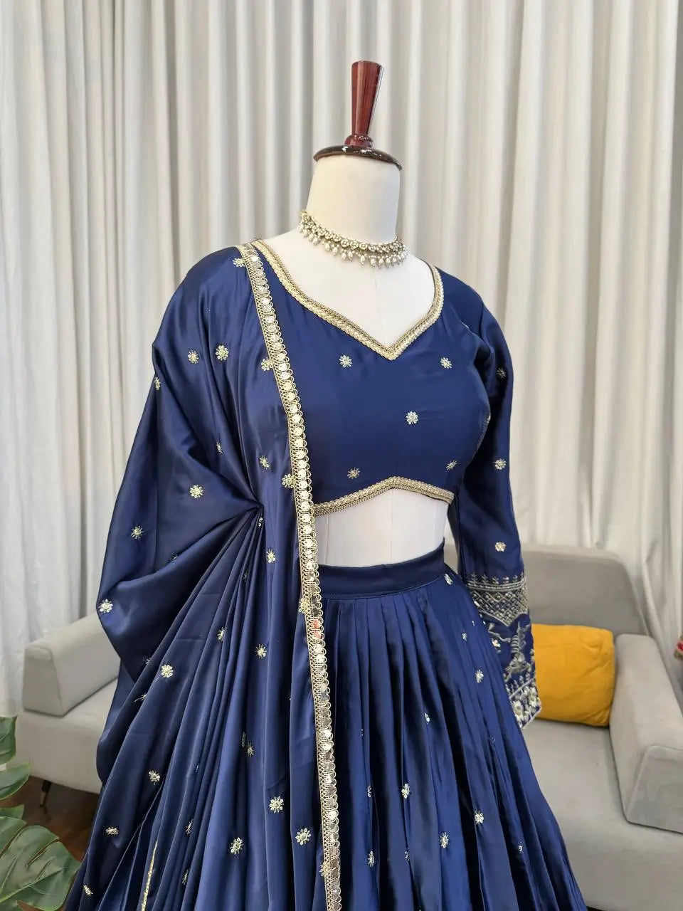 Embroidered Japan Satin Lehenga Choli Set for Wedding and Festive Wear