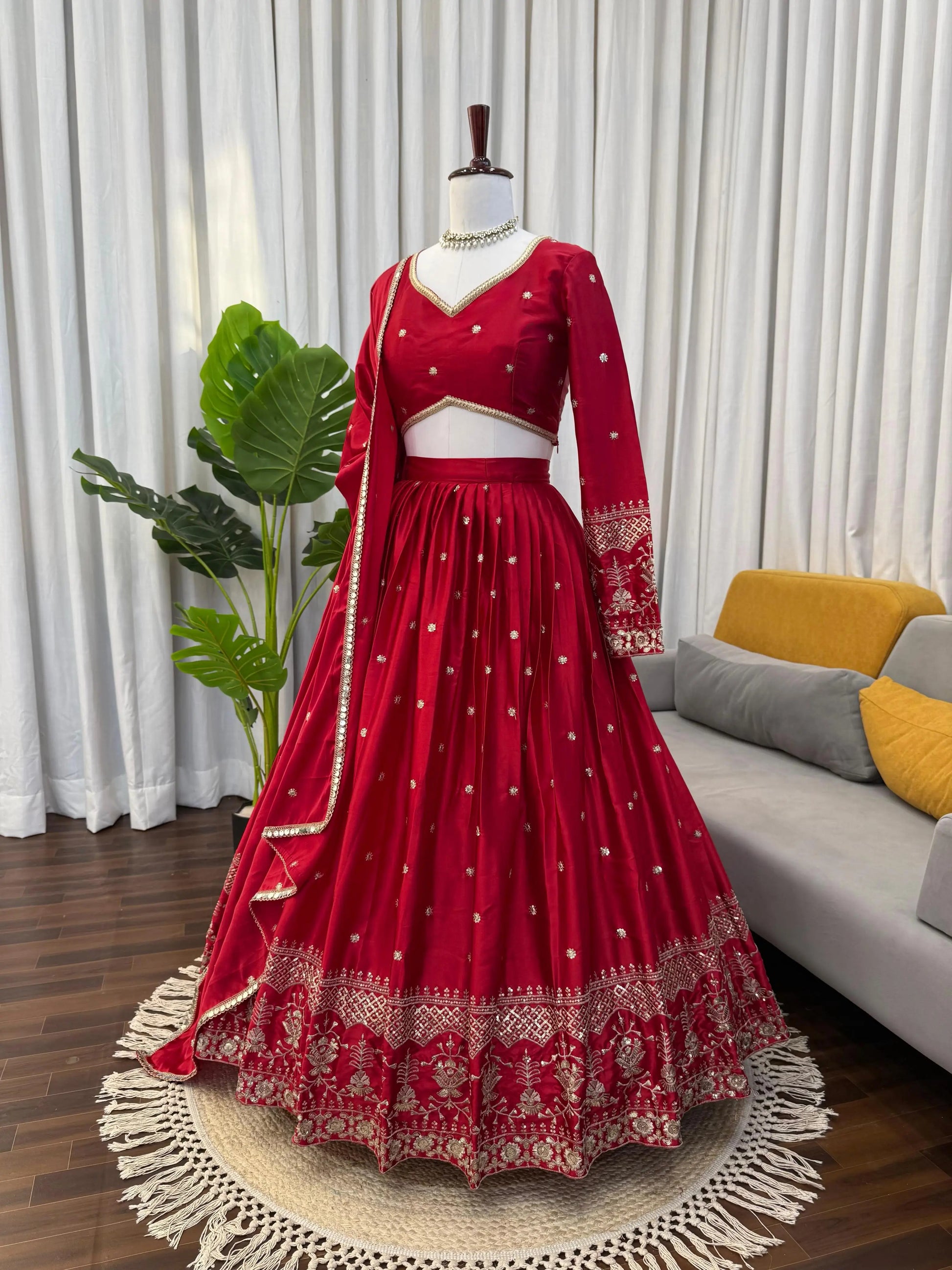 Embroidered Japan Satin Lehenga Choli Set for Wedding and Festive Wear