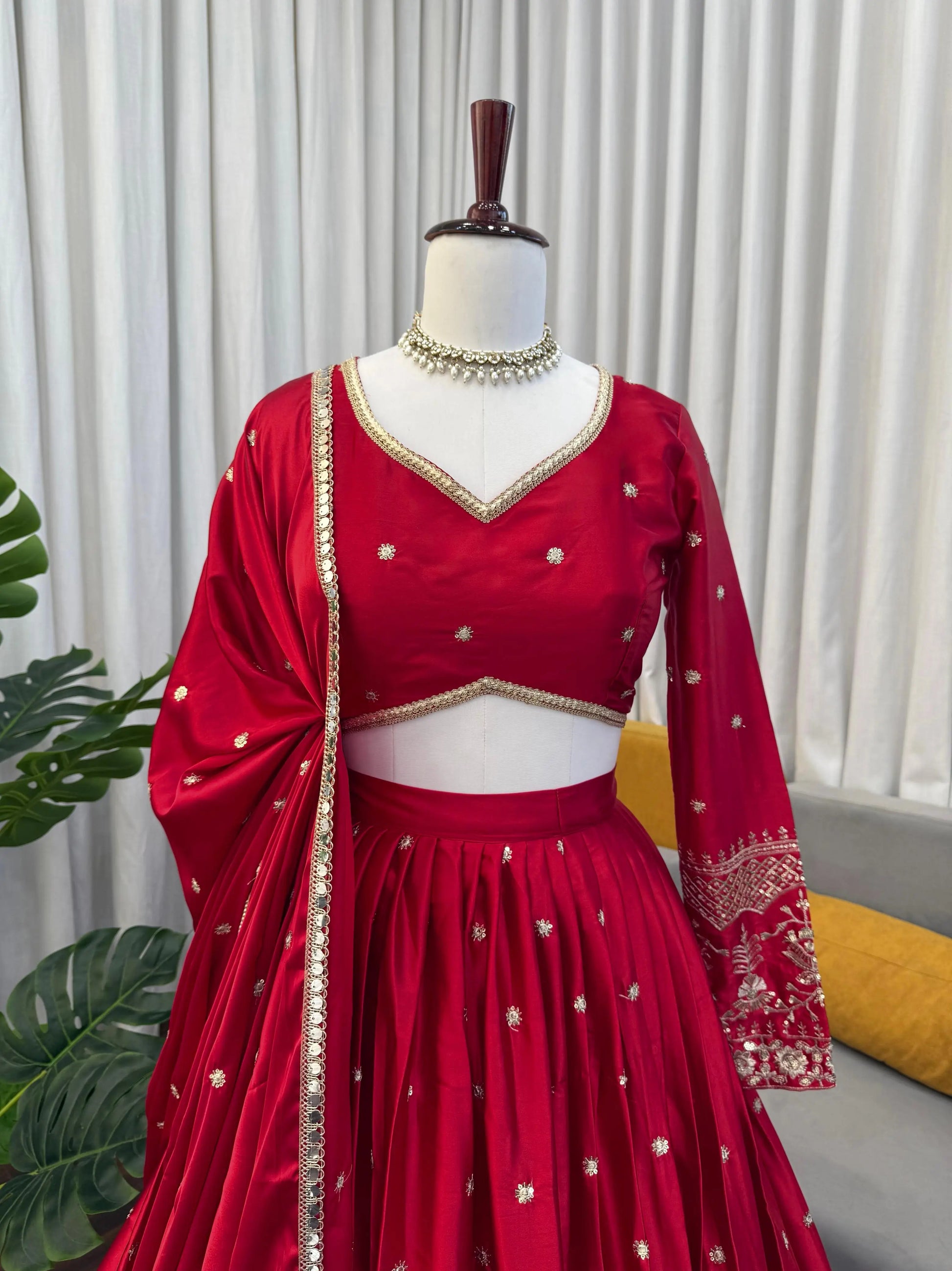 Embroidered Japan Satin Lehenga Choli Set for Wedding and Festive Wear