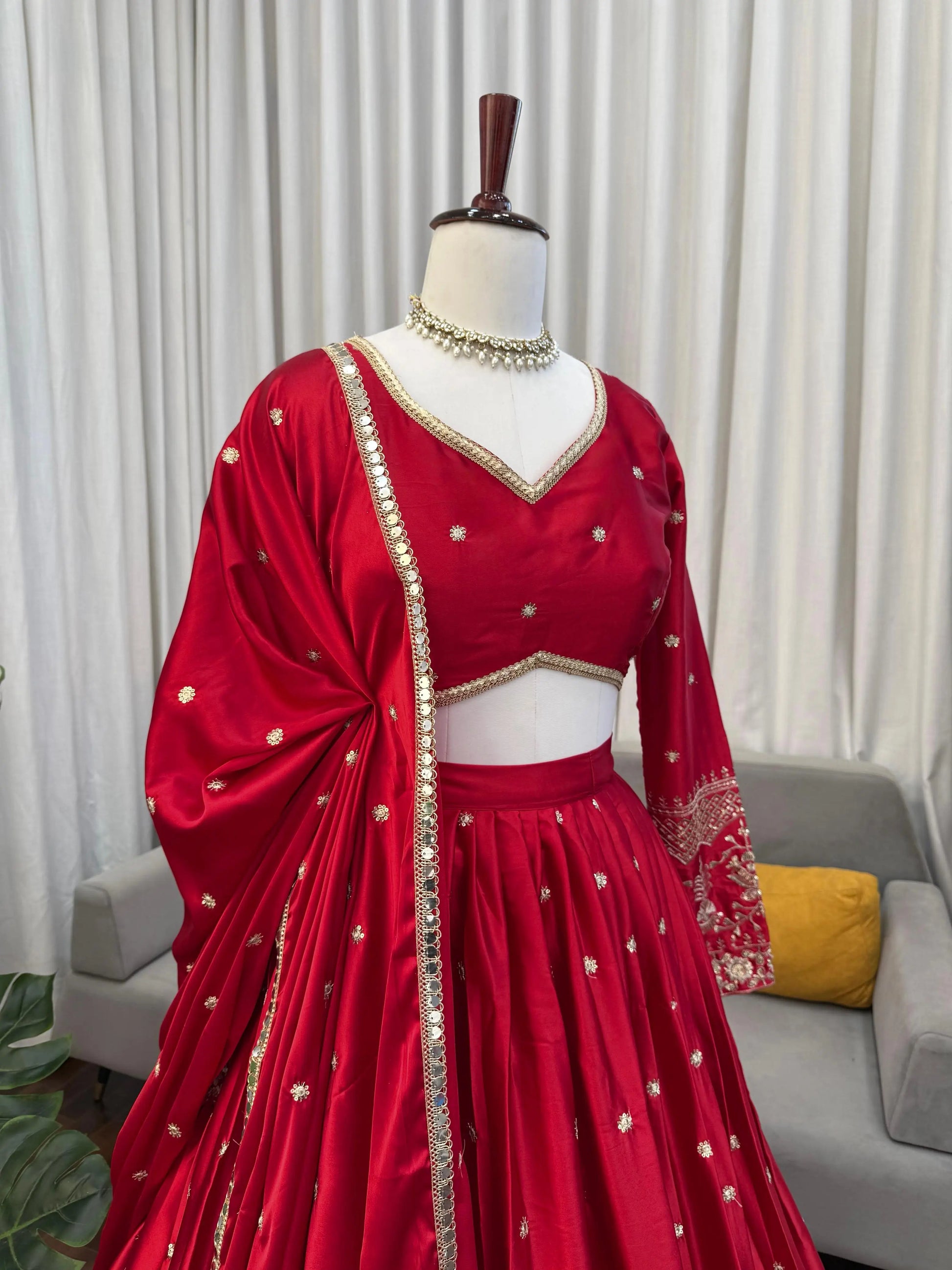 Embroidered Japan Satin Lehenga Choli Set for Wedding and Festive Wear