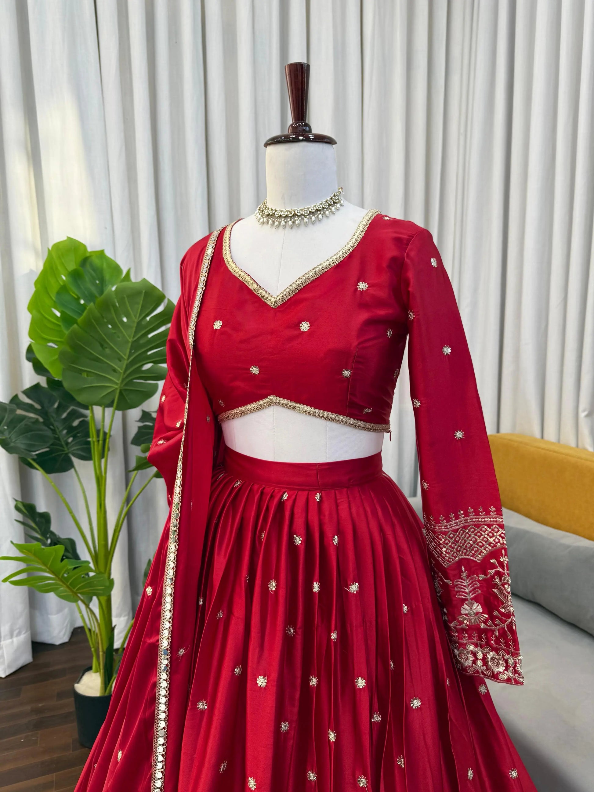 Embroidered Japan Satin Lehenga Choli Set for Wedding and Festive Wear