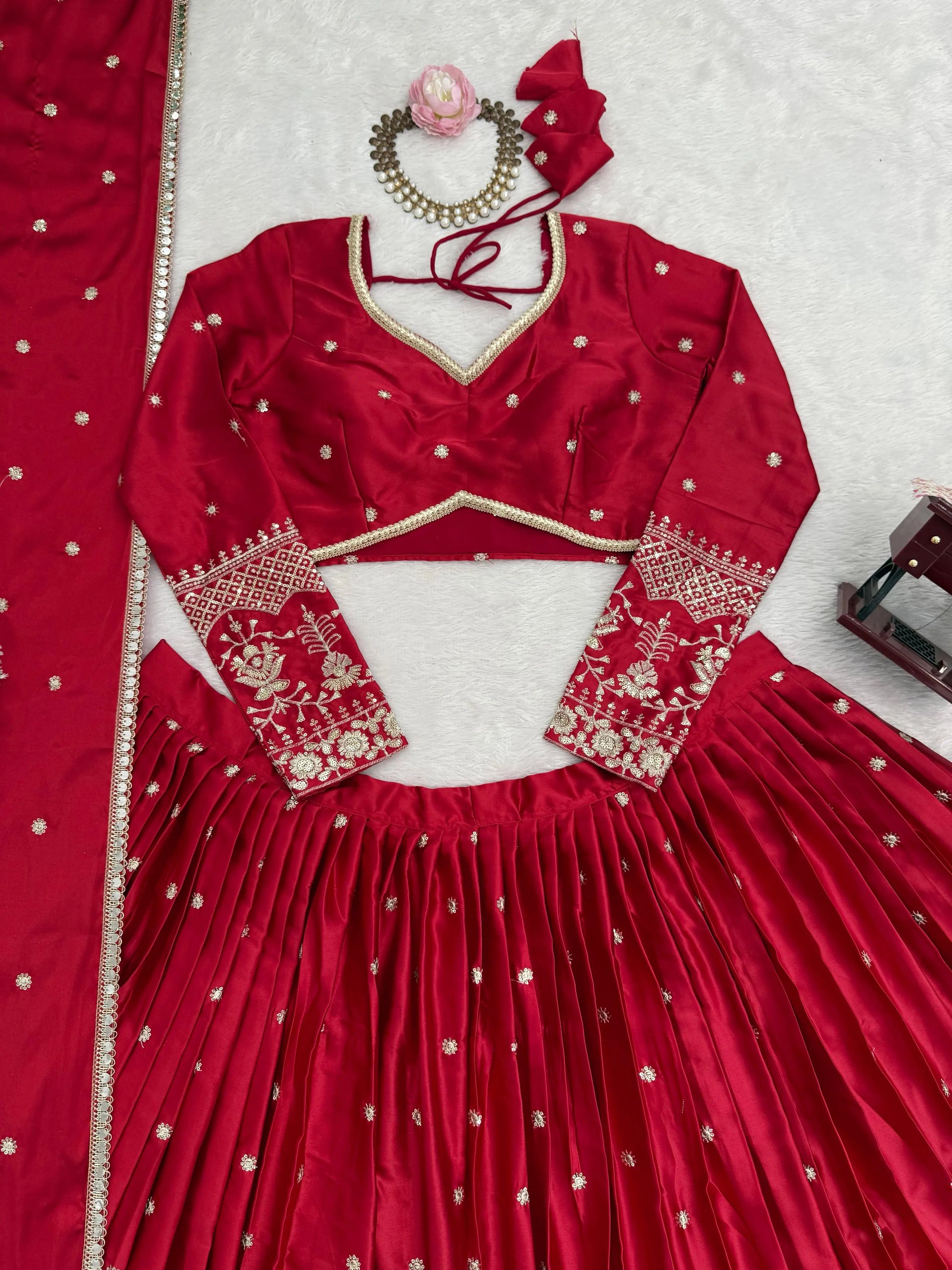 Embroidered Japan Satin Lehenga Choli Set for Wedding and Festive Wear