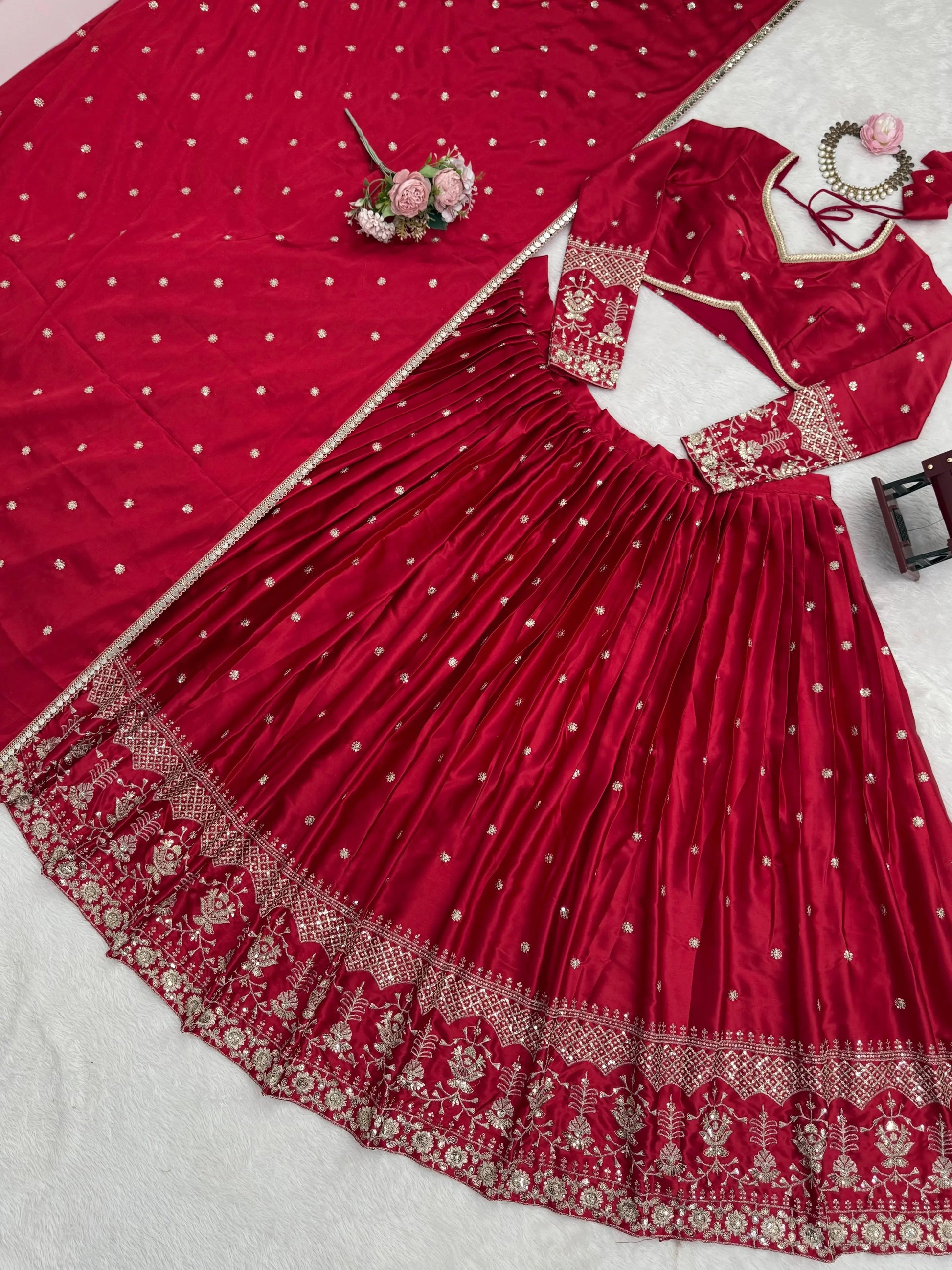 Embroidered Japan Satin Lehenga Choli Set for Wedding and Festive Wear