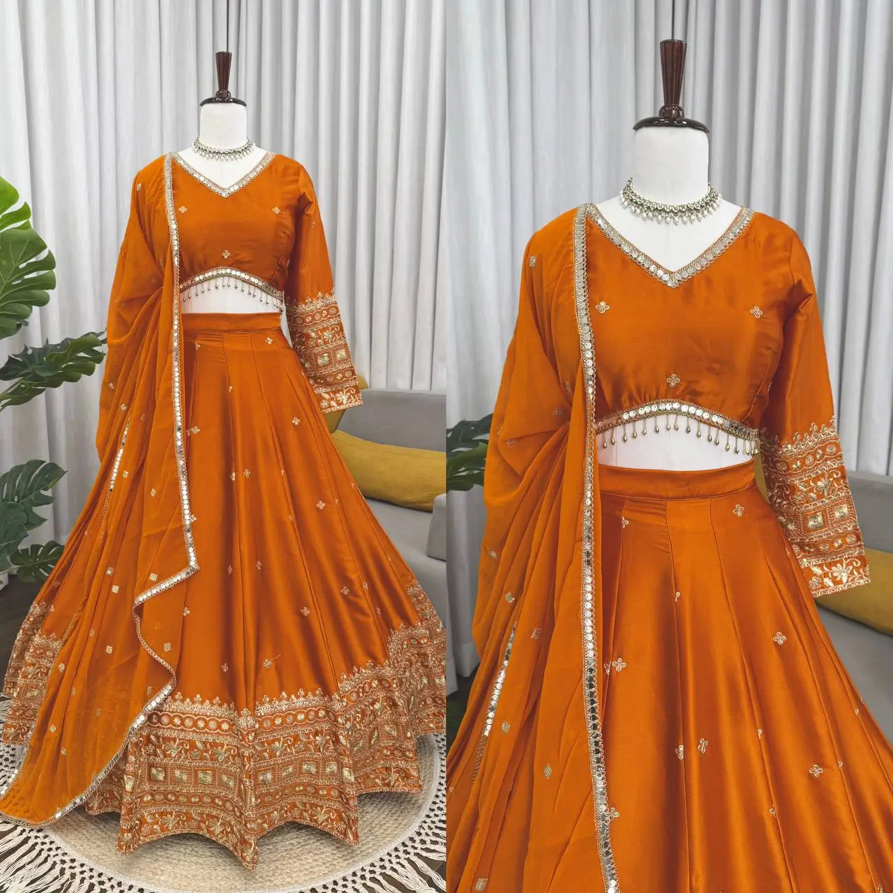 Embroidered Japan Satin Lehenga Choli Set for Wedding and Festive Wear