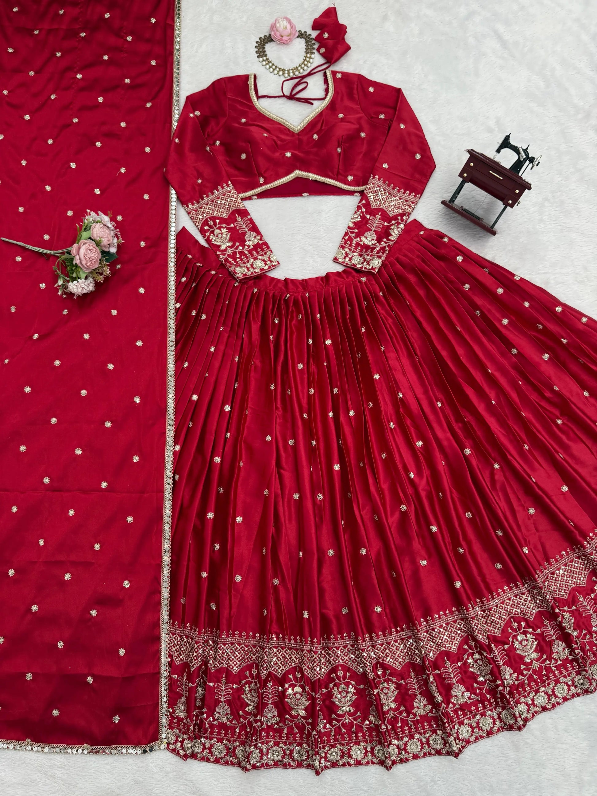 Embroidered Japan Satin Lehenga Choli Set for Wedding and Festive Wear