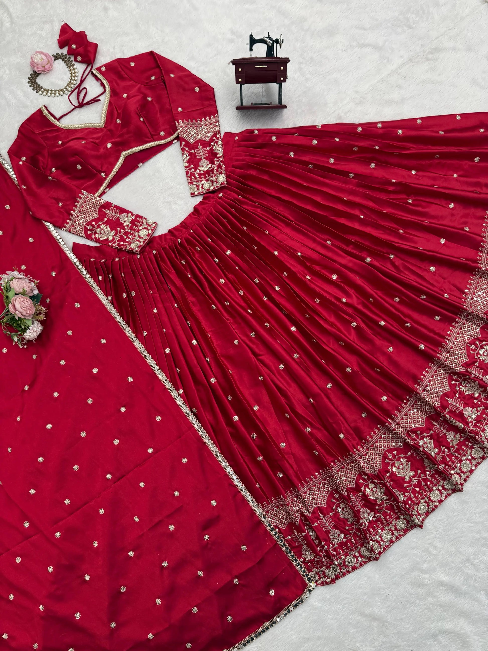 Embroidered Japan Satin Lehenga Choli Set for Wedding and Festive Wear