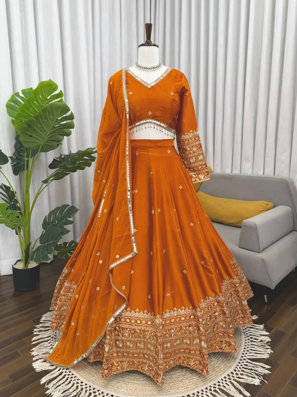 Embroidered Japan Satin Lehenga Choli Set for Wedding and Festive Wear