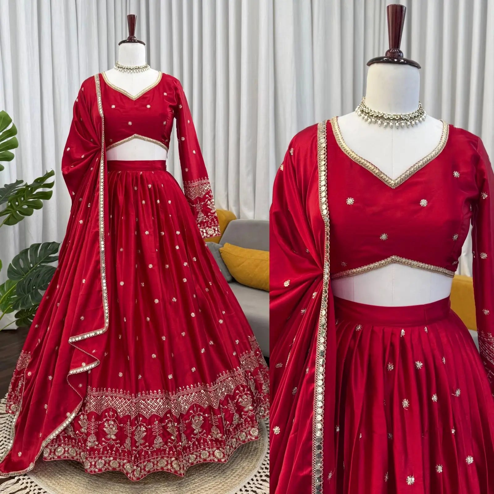 Embroidered Japan Satin Lehenga Choli Set for Wedding and Festive Wear