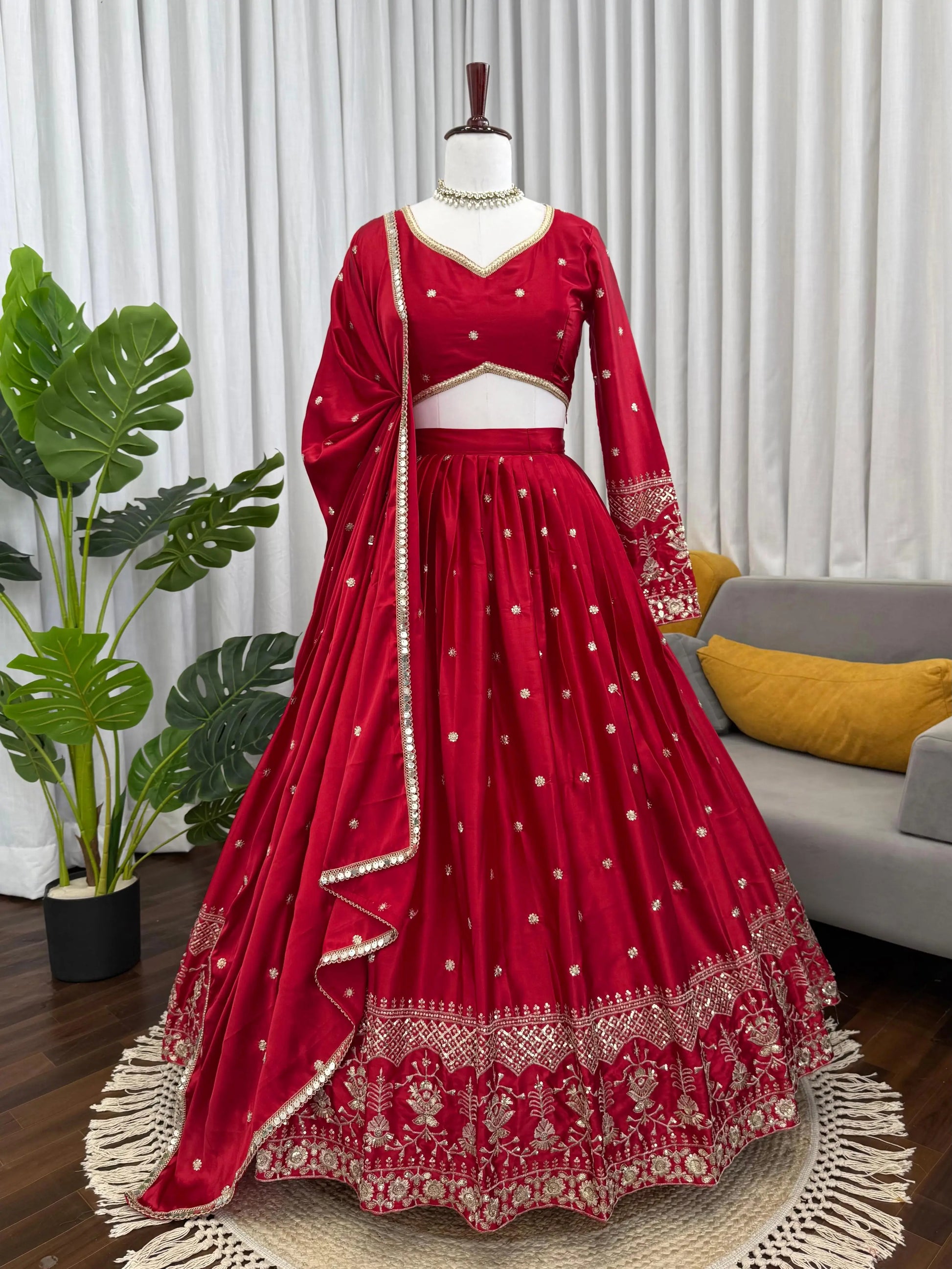 Embroidered Japan Satin Lehenga Choli Set for Wedding and Festive Wear