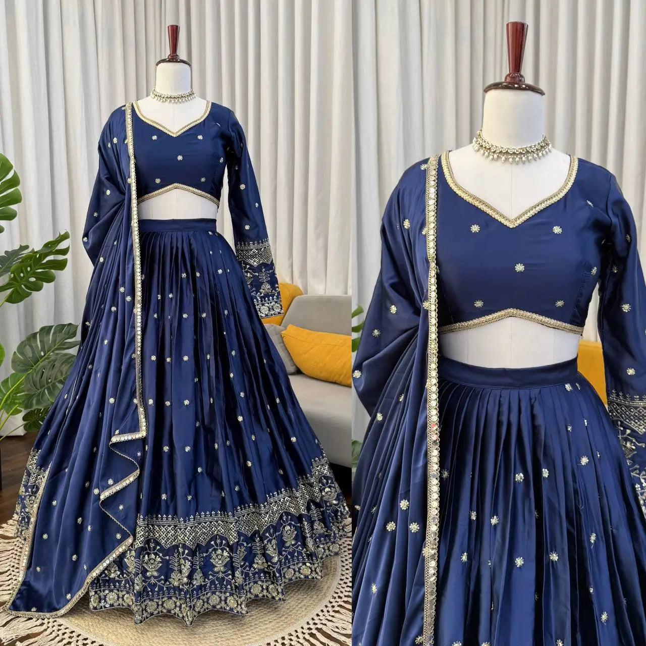 Embroidered Japan Satin Lehenga Choli Set for Wedding and Festive Wear