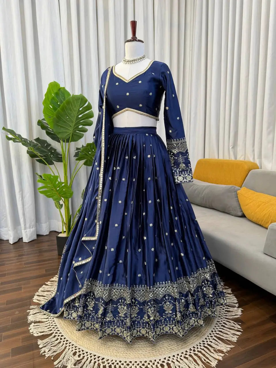 Embroidered Japan Satin Lehenga Choli Set for Wedding and Festive Wear