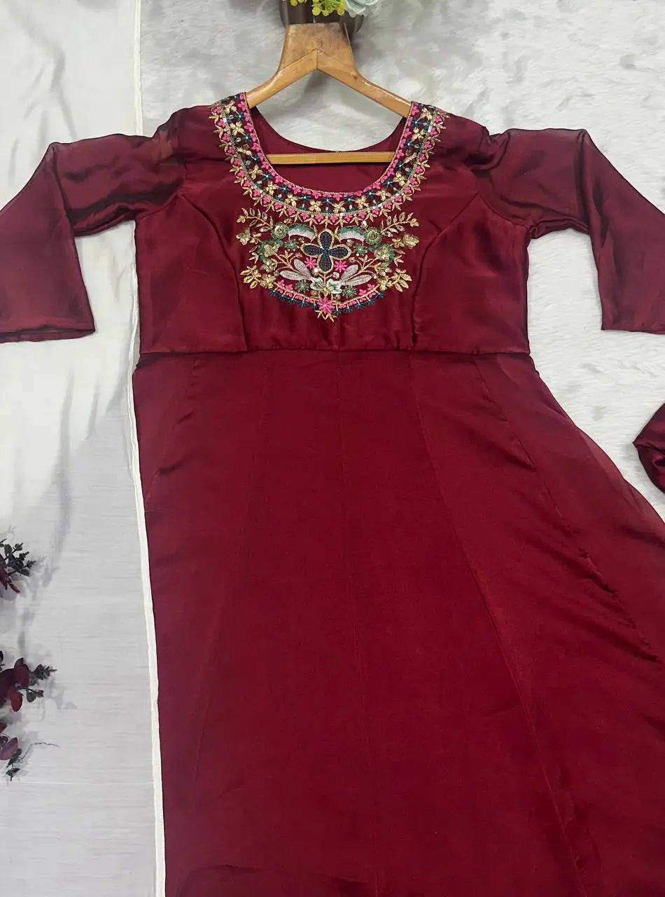 Embroidered Kesriya Silk Anarkali Set with Dupatta