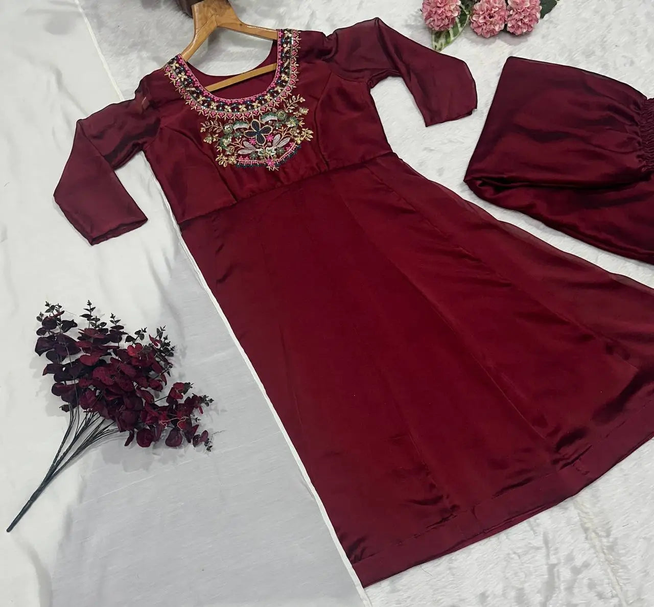 Embroidered Kesriya Silk Anarkali Set with Dupatta