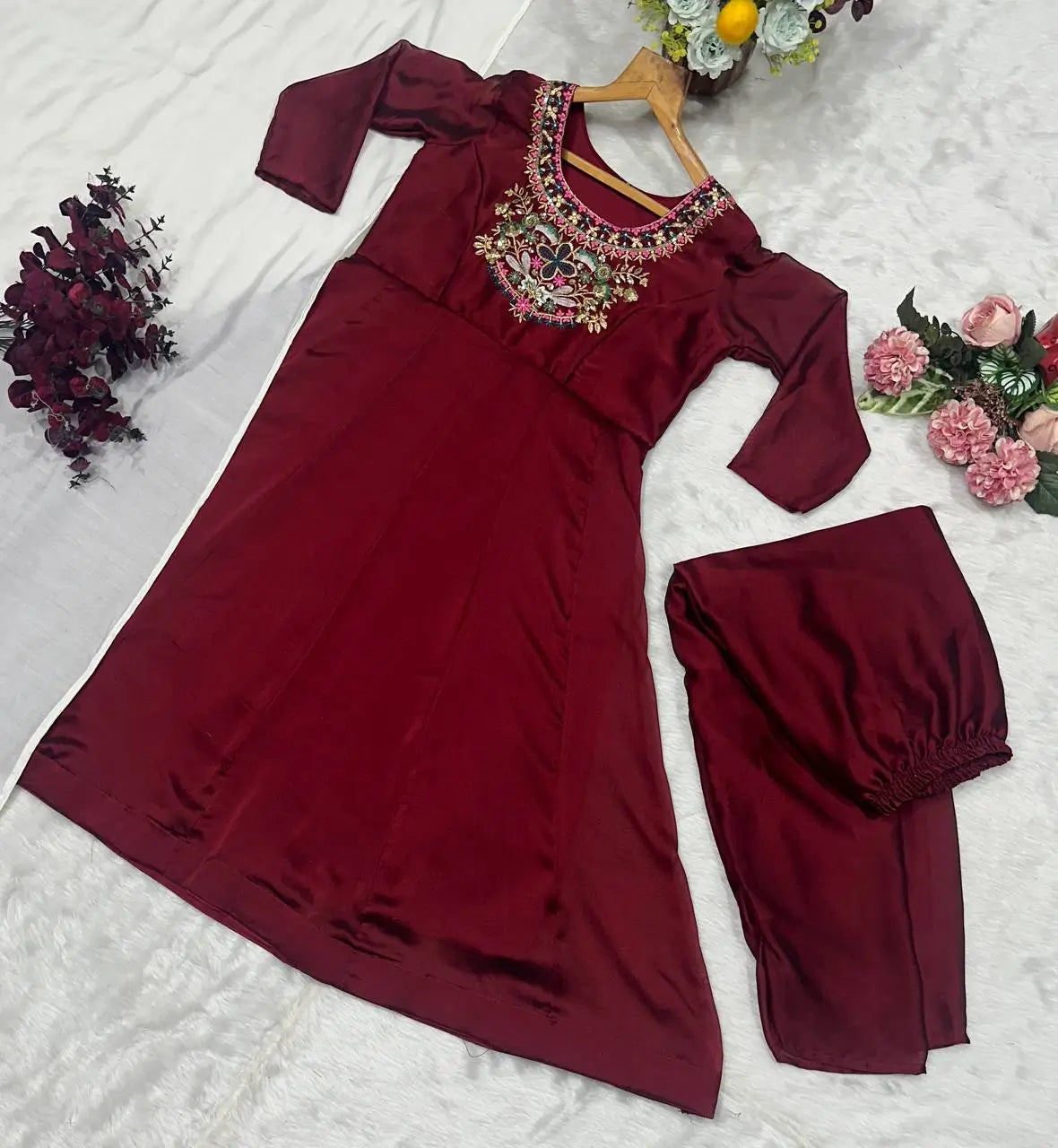 Embroidered Kesriya Silk Anarkali Set with Dupatta